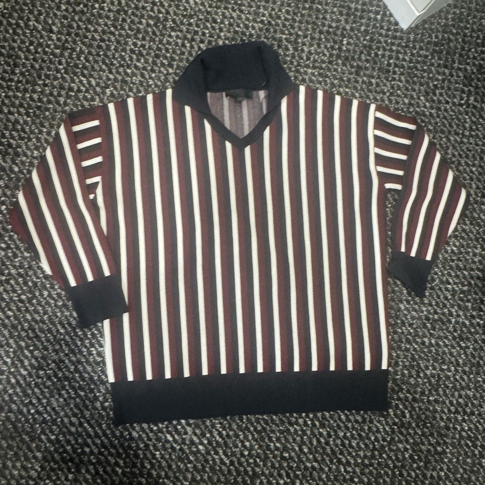 Zara Men's V-Neck Sweater in Black, Brown, and White Stripes